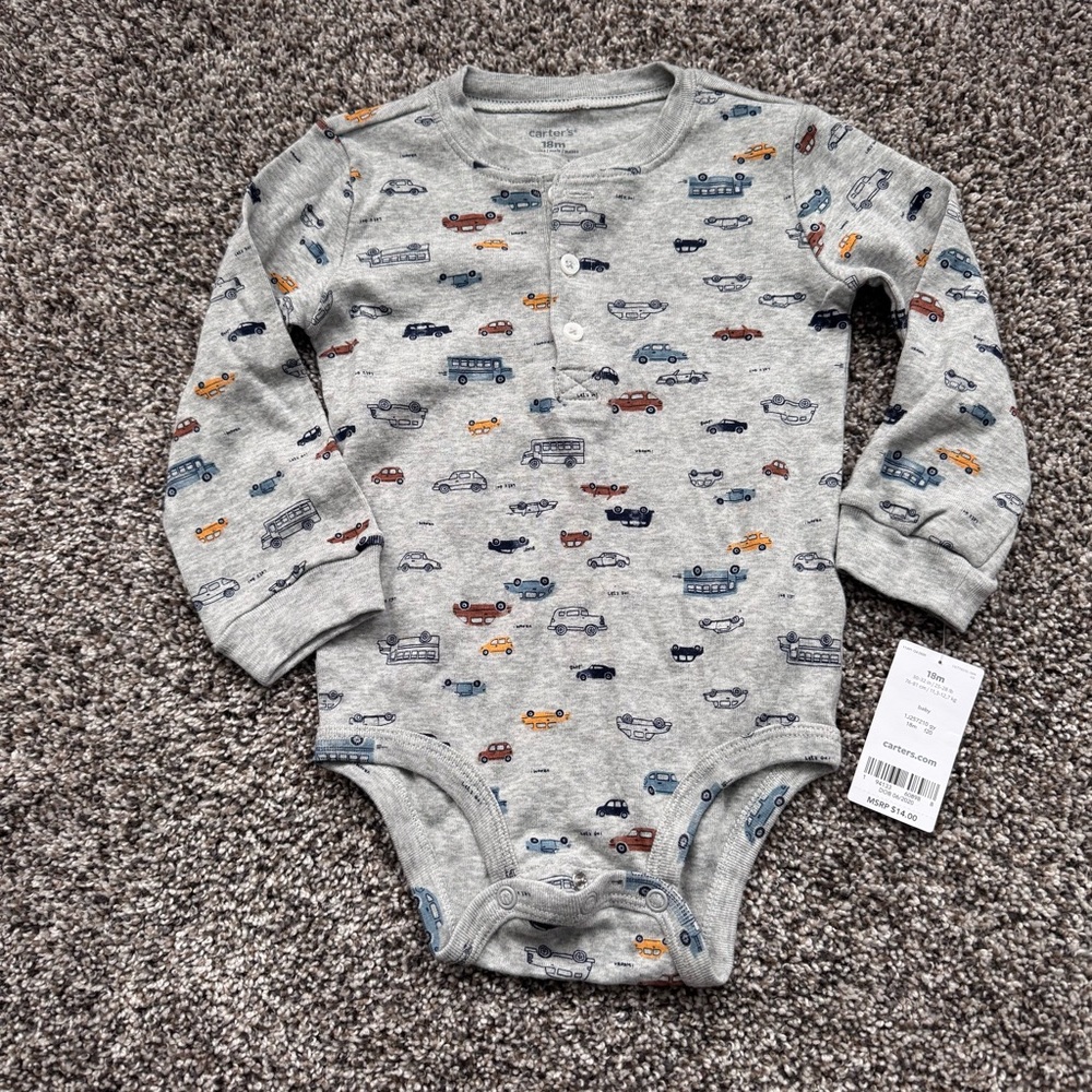 NEW Carter's Gray Baby Bodysuit with Car Design